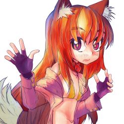 Rule 34 | :o, animal collar, animal ear fluff, animal ears, arms up, bikini, bikini top only, blazer, blush, collar, fingerless gloves, fox ears, fox tail, gloves, highres, jacket, long sleeves, looking at viewer, navel, open clothes, open jacket, open mouth, original, purple eyes, red hair, solo, swimsuit, tail, tsukiyono aroe