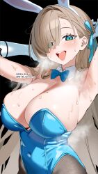 Rule 34 | 1girl, animal ears, armpits, asuna (blue archive), asuna (bunny) (blue archive), black pantyhose, blue archive, blue bow, blue eyes, blue leotard, blue ribbon, blush, bow, breasts, cleavage, covered navel, detached collar, fake animal ears, gloves, hair over one eye, hair ribbon, highres, large breasts, leotard, light brown hair, long hair, looking at viewer, mokyutan, mole, mole on breast, official alternate costume, open mouth, pantyhose, rabbit ears, ribbon, smile, solo, strapless, strapless leotard, sweat, upper body, white gloves
