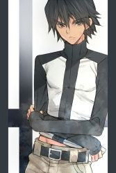 Rule 34 | &gt;:&lt;, 1boy, :&lt;, against wall, belt, black hair, closed mouth, coin rand, cross, crossed arms, high collar, kanzaki jin, long sleeves, looking at viewer, male focus, pants, pillarboxed, pointy hair, shirt, sleeves past wrists, solo, untucked shirt, v-shaped eyebrows, zetman