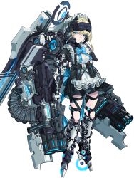 Rule 34 | 1girl, absurdres, ammunition chute, apron, black gloves, blonde hair, blue archive, blue bow, blue bowtie, blue eyes, bow, bowtie, chest harness, closed mouth, exoskeleton, frilled apron, frills, full body, gatling gun, gloves, grenade launcher, halo, harness, head-mounted display, highres, huge weapon, kazukingu, looking at viewer, maid apron, maid headdress, multiple-barrel firearm, pouch, science fiction, short hair, simple background, solo, toki (blue archive), weapon, white apron, white background