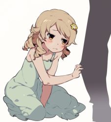 Rule 34 | 10s, 1girl, bare shoulders, between legs, blush, breasts, brown eyes, cameo, cleavage, closed mouth, clothes grab, dress, drill hair, earrings, fingernails, flower, flowey (undertale), frown, green dress, hair flower, hair ornament, hand between legs, idolmaster, idolmaster cinderella girls, jewelry, light brown hair, morikubo nono, norasame (dagako), short hair, simple background, single tear, sitting, small breasts, solo focus, tears, undertale, wariza, when you see it, white background