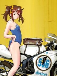 Rule 34 | 1girl, adjusting clothes, adjusting swimsuit, ass, bag, bakuon!!, bow, breasts, brown eyes, brown hair, character request, collarbone, corrupted twitter file, from side, hair bow, handlebar, highres, looking at viewer, mole, motor vehicle, motorcycle, nakano chisame, one-piece swimsuit, parted lips, sakuma masanori, small breasts, solo, swimsuit, twintails, wedgie, yellow background