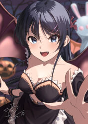 1girl apron belt black_apron black_hair black_skirt blue_eyes blurry blurry_background blush breasts cleavage demon_wings detached_sleeves fangs grey_belt hair_ornament hairclip halloween highres jack-o&#039;-lantern large_breasts long_hair looking_at_viewer midriff open_mouth pumpkin raiz_art_works sakurajima_mai seishun_buta_yarou skirt smile solo vampire waist_apron wings wristband