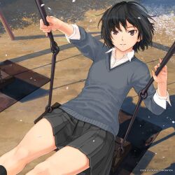 Rule 34 | 1girl, amagami, black hair, black skirt, blue sweater, breasts, brown eyes, cherry blossoms, collared shirt, copyright notice, dress shirt, falling petals, grass, grey sweater, highres, kibito high school uniform, legs up, long sleeves, looking at viewer, messy hair, nanasaki ai, no jacket, non-web source, official art, parted lips, partially unbuttoned, petals, pleated skirt, school uniform, shadow, shirt, short hair, skirt, small breasts, smile, solo, sweater, swing, swing set, swinging, takayama kisai, third-party source, unbuttoned, unbuttoned shirt, white shirt