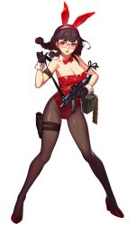 Rule 34 | 1girl, absurdres, ammunition box, animal ears, arm ribbon, black hair, black pantyhose, black survival, bow, bowtie, braid, breasts, cleavage, detached collar, fake animal ears, full body, glasses, gloves, gun, high heels, highres, holster, large breasts, leotard, looking at viewer, machine gun, official alternate costume, official art, one touch, open mouth, pantyhose, playboy bunny, purple eyes, rabbit ears, red-framed eyewear, red footwear, red leotard, ribbon, shoes, solo, submachine gun, suzuki aya (black survival), thigh holster, transparent background, twin braids, weapon, wrist cuffs