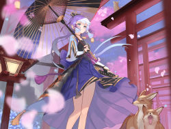 Rule 34 | 1girl, animal, architecture, arm guards, armor, ayaka (genshin impact), blue eyes, blue hair, blue skirt, blunt bangs, blurry, blurry foreground, breastplate, bridal gauntlets, choker, closed mouth, commentary, depth of field, east asian architecture, floating hair, fox, genshin impact, hair ornament, holding, holding sword, holding umbrella, holding weapon, lantern, light blue hair, long hair, oil-paper umbrella, outdoors, petals, ponytail, sheath, sheathed, sidelocks, skirt, solo, sword, taba comya, tassel, umbrella, very long hair, weapon, wide sleeves, yellow choker