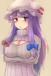 Rule 34 | 1girl, bow, breasts, cleavage, cleavage cutout, clothing cutout, crescent, crossed arms, hair bow, hat, large breasts, long hair, masa (neku), meme attire, open-chest sweater, patchouli knowledge, purple eyes, purple hair, ribbed sweater, sidelocks, sketch, solo, sweater, touhou, turtleneck