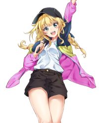 Rule 34 | 1girl, :d, arm up, black hat, black shorts, blonde hair, blue eyes, blunt bangs, hat, holding, holding microphone, jacket, long hair, long sleeves, looking at viewer, microphone, multicolored clothes, multicolored jacket, open mouth, paripi koumei, sayuuiede, shirt, shorts, simple background, smile, solo, standing, thighs, tsukimi eiko, white background, white shirt