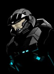 Rule 34 | 1boy, armor, assault visor, black background, facing down, glowing, halo: reach, halo (series), helmet, highres, limited palette, power armor, sate, science fiction, spartan-b312, spartan (halo)