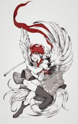 Rule 34 | 1girl, absurdres, animal, animal on head, bird, bird on head, bird tail, bird wings, blood, blood on face, boots, commentary request, dress, feathered wings, full body, grey background, greyscale, highres, holding, holding polearm, holding weapon, hotaru kago, limited palette, monochrome, neckerchief, niwatari kutaka, on head, open mouth, polearm, puffy short sleeves, puffy sleeves, red eyes, red hair, red neckerchief, shirt, shoe soles, short sleeves, simple background, solo, tail, touhou, traditional media, weapon, wings