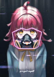 Rule 34 | 1girl, ahoge, blue jacket, bow, breasts, collared shirt, commentary request, drawstring, dress shirt, english text, gas mask, glowing, highres, hood, hood down, hooded jacket, jacket, looking at viewer, love live!, love live! nijigasaki high school idol club, mask, open clothes, open jacket, pink hair, respirator, shirt, small breasts, solo, tennoji rina, toine, upper body, white shirt, yellow bow, yellow eyes