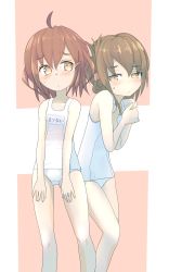 Rule 34 | 10s, alternate costume, bare shoulders, blush, brown eyes, brown hair, covering privates, covering chest, crossed arms, embarrassed, folded ponytail, hair ornament, hairclip, highres, ikazuchi (kancolle), inazuma (kancolle), ishikkoro, kantai collection, looking at viewer, multiple girls, one-piece swimsuit, personification, school swimsuit, short hair, swimsuit, white school swimsuit, white one-piece swimsuit