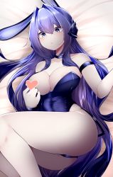 Rule 34 | 1girl, absurdly long hair, absurdres, animal ears, areola slip, arm strap, ass, azur lane, bare shoulders, black leotard, breasts, censored, cleavage, fake animal ears, heart, heart censor, highleg, highleg leotard, highres, large breasts, leotard, leotard pull, long hair, lying, new jersey (azur lane), new jersey (exhilarating steps!) (azur lane), official alternate costume, on back, on bed, on side, oversized breast cup, playboy bunny, pulled by self, purple eyes, purple hair, rabbit ears, samip, solo, strapless, strapless leotard, thighs, very long hair, wrist cuffs