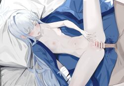 Rule 34 | 1boy, 1girl, absurdres, bandaged arm, bandages, bar censor, blue archive, blush, breasts, censored, erection, grey eyes, hair ornament, halo, haori, hetero, highres, jaaku (ra 9rara), japanese clothes, long hair, lying, missionary, nagusa (blue archive), navel, nipples, on back, open mouth, penis, pussy, sex, small breasts, solo focus, spread legs, vaginal, white hair