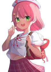 Rule 34 | 1girl, :d, absurdres, ahoge, ame., backpack, bag, beret, blush, breasts, commentary request, green eyes, hair between eyes, hands up, hat, highres, holding strap, hololive, looking at viewer, midriff peek, navel, open mouth, petals, pink hair, pleated skirt, red skirt, sailor collar, sakura miko, sakura miko (school uniform), school uniform, serafuku, shirt, short sleeves, simple background, skirt, small breasts, smile, solo, teeth, upper teeth only, virtual youtuber, white background, white hat, white sailor collar, white shirt