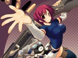 Rule 34 | 1girl, amazuyu tatsuki, breasts, brown eyes, bullet, detached sleeves, goggles, gun, huge weapon, large breasts, mallet, non-web source, rabbit, red hair, shirt, short hair, shorts, solo, taut clothes, taut shirt, thighhighs, tight clothes, weapon