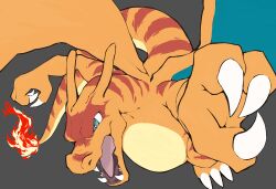 Rule 34 | bright pupils, charizard, claws, commentary request, creatures (company), flame-tipped tail, game freak, gen 1 pokemon, green eyes, grey background, highres, horns, nintendo, no humans, ojisan (pixiv 74573618), open mouth, pokemon, pokemon (creature), simple background, solo, tongue, white pupils