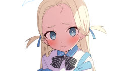 Rule 34 | 1girl, afnroll, black bow, black bowtie, blonde hair, blue archive, blue eyes, blue ribbon, blush, bow, bowtie, closed mouth, collared shirt, forehead, hair ribbon, highres, long hair, looking at viewer, parted bangs, portrait, ribbon, shirt, short eyebrows, simple background, solo, sora (blue archive), strap slip, striped bow, striped bowtie, striped clothes, sweat, two side up, white background, white shirt