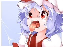 Rule 34 | 1girl, blue hair, child, dress, hat, irodori (irotoridori), mob cap, open mouth, red eyes, red ribbon, remilia scarlet, ribbon, saliva, saliva trail, short hair, simple background, solo, tongue, tongue out, touhou