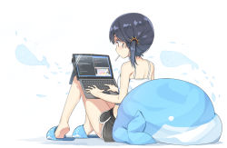 Rule 34 | bean bag chair, child, computer, feet, female focus, focused, full body, hatsunatsu, programming, shorts, simple background, sitting, slippers, soles, sportswear, tagme, tank top, twintails, typing, whale