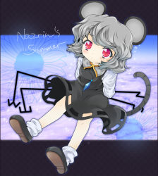 Rule 34 | 1girl, animal ears, blush, dowsing rod, dress, female focus, flower, full body, grey dress, grey hair, iris anemone, jewelry, letterboxed, mouse ears, mouse tail, nazrin, necklace, pendant, red eyes, shirt, short hair, sitting, solo, sparkle, sunflower, tail, touhou