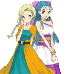 Rule 34 | 2girls, arm behind back, belt, bianca (dq5), black belt, blonde hair, blue eyes, blue hair, bow, bracelet, braid, choker, closed mouth, dragon quest, dragon quest v, dress, earrings, flora (dq5), hair bow, hair over shoulder, hair pulled back, hair tie, highres, jewelry, long dress, long hair, medium dress, morisawa haruyuki, multiple girls, open mouth, own hands together, purple bow, simple background, single-shoulder dress, single braid, single strap, smile, two-tone dress, v arms, white background, white choker, white dress, yellow choker
