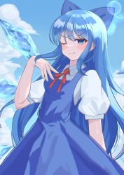 Rule 34 | alternate hair length, alternate hairstyle, blue dress, blue eyes, blue hair, bow, breasts, cirno, cloud, dress, fairy wings, hair bow, highres, ice, ice wings, long hair, neck ribbon, puffy short sleeves, puffy sleeves, red ribbon, reo ground, ribbon, shirt, short sleeves, sky, small breasts, touhou, white shirt, wings