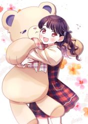 Rule 34 | 1girl, black hair, commentary request, hugging doll, dress, fangs, floral background, flying sweatdrops, fukumaru koito, hair ribbon, highres, idolmaster, idolmaster shiny colors, long hair, long sleeves, looking at viewer, hugging object, open mouth, plaid, plaid dress, purple eyes, purple ribbon, ribbon, rone, skin fangs, solo, stuffed animal, stuffed toy, teddy bear, twintails