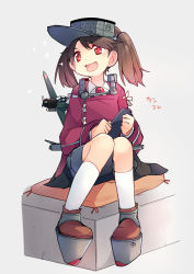 Rule 34 | 10s, 1girl, :d, aircraft, airplane, blush, cushion, geta, hat, japanese clothes, kantai collection, open mouth, personification, red eyes, ryuujou (kancolle), sandals, scroll, shorts, sitting, smile, solo, sparkle, taneda yuuta, twintails