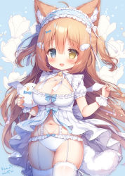 Rule 34 | 1girl, ahoge, animal ear fluff, animal ears, arm up, babydoll, bell, blush, bow, bow panties, breasts, brown hair, cat ears, cat girl, cat tail, cleavage, garter straps, hair bow, hair ornament, hairband, hairclip, heterochromia, highres, jingle bell, lolita hairband, long hair, momozu komamochi, navel, no pants, open mouth, oppai loli, original, panties, ribbon, smile, solo, stuffed toy, tail, thighhighs, thighs, two side up, underwear, underwear only, very long hair, white babydoll, white panties, white thighhighs