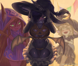 Rule 34 | &gt; &lt;, 3girls, absurdly long hair, bat wings, bewitching tristana, bittersweet lulu, black hair, black skin, blonde hair, blush, breasts, cleavage, cleavage cutout, clenched teeth, closed eyes, clothing cutout, colored skin, crop top, dress, drooling, embarrassed, fang, fang out, female pervert, frilled skirt, frills, genderswap, genderswap (mtf), glowing, green eyes, hair over one eye, halloween, halloween costume, hands on own head, hat, hip focus, large breasts, laughing, league of legends, leaning forward, long hair, long sleeves, lulu (league of legends), mayhem art, multiple girls, navel, open mouth, orange panties, panties, patreon username, pervert, puffy short sleeves, puffy sleeves, purple skin, pussy juice, pussy juice trail, short hair, short sleeves, showgirl skirt, skirt, slit pupils, smile, spikes, staff, standing, sweat, teeth, tristana, underwear, veigar, very long hair, wavy mouth, white eyes, white skin, wide hips, wide sleeves, wings, witch hat, wizard hat, wrist cuffs, yordle