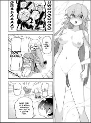 Rule 34 | angry, blush, breasts, character request, crotchless, crowd, drooling, earnest flaming, eiyuu kyoushitsu, greyscale, groin, long hair, manga page, medium breasts, monochrome, multiple boys, navel, nipples, non-web source, nude, nude filter, open mouth, speech bubble, stomach, tagme, third-party edit, thought bubble