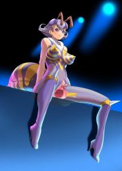 Rule 34 | 1girl, antennae, arthropod girl, ass, bare shoulders, bee, bee girl, blush, boots, breasts, bug, capcom, clitoris, cosine, covered erect nipples, exhibitionism, female focus, full body, gaping, high heel boots, high heels, highres, insect, insect girl, jpeg artifacts, legs, monster girl, open for all, public indecency, purple eyes, purple hair, pussy, q-bee, shoes, sitting, smile, solo, spread pussy, stage, thighs, transparent, uncensored, vampire (game)