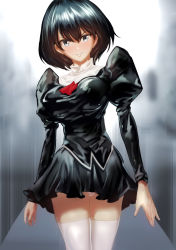Rule 34 | 1girl, agent aika, aika (series), ascot, black delmo, black hair, black jacket, black skirt, breasts, closed mouth, covered erect nipples, delmo, delmogeny uniform, dress, extra, grey eyes, jacket, juliet sleeves, latex, long hair, long sleeves, looking at viewer, medium breasts, panties, pantyshot, pleated skirt, puffy sleeves, red ascot, shiny clothes, simple background, skin tight, skirt, smile, solo, standing, taut clothes, thighhighs, uenoryoma, underwear, uniform, v-shaped eyebrows, white panties, white thighhighs, yuki (agent aika)