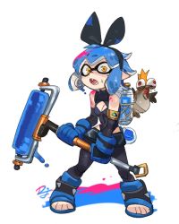 Rule 34 | 1girl, black hairband, black pants, black ribbon, black shirt, black sleeves, blue footwear, blue gloves, blue hair, breasts, cleavage, cleavage cutout, clothing cutout, commentary request, detached sleeves, difman, eye mask, fang, gloves, hair ribbon, hairband, highres, holding, inkling, inkling player character, long sleeves, nintendo, open mouth, orange eyes, pants, pointy ears, ribbon, shirt, signature, simple background, sleeveless, sleeveless shirt, small breasts, solo, splatoon (series), standing, sweat, tentacle hair, toeless footwear, white background