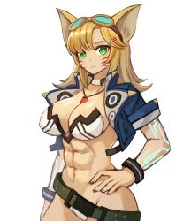 Rule 34 | 1girl, abs, absurdres, animal ears, arm at side, belt, blonde hair, breasts, cat ears, commentary, commission, cowboy shot, cropped jacket, english commentary, expressionless, facial mark, goggles, goggles on head, green eyes, hair ornament, hairclip, hand on own hip, highres, jewelry, large breasts, long hair, looking at viewer, midriff, muscular, muscular female, pendant, phantasy star, phantasy star online 2, pixiv commission, revealing clothes, short sleeves, simple background, solo, sookmo, whisker markings, white background