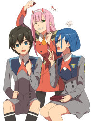 Rule 34 | +++, 10s, 1boy, 2girls, black hair, black pantyhose, blue hair, chiharu (9654784), chiharunpo, darling in the franxx, dress, green eyes, hair ornament, hairband, hairclip, highres, hiro (darling in the franxx), horns, ichigo (darling in the franxx), long hair, long sleeves, looking at another, looking at viewer, multiple girls, one eye closed, pantyhose, pink hair, red dress, short hair, shorts, smile, socks, uniform, white hairband, zero two (darling in the franxx)