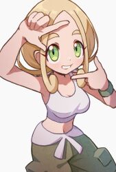 1girl arm_up blonde_hair breasts cleavage commentary_request creatures_(company) finger_frame game_freak green_eyes green_pants green_wristband grin hand_up highres hiisu_(s-1104-d) large_breasts looking_at_viewer looking_up midriff nintendo pants parted_bangs pokemon pokemon_xy shirt simple_background sleeveless sleeveless_shirt smile solo tank_top teeth viola_(pokemon) white_background white_shirt