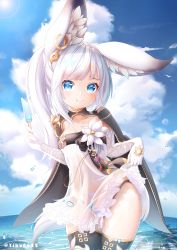 Rule 34 | 1girl, animal ear fluff, animal ears, black cape, black panties, black thighhighs, blade &amp; soul, blue eyes, breasts, cape, clothes lift, cloud, day, dress, dress lift, earrings, eating, elbow gloves, flower, food, fox ears, fox girl, fox tail, gloves, highres, jewelry, lifted by self, long hair, lyn (blade &amp; soul), navel, ocean, outdoors, panties, ponytail, popsicle, see-through, short dress, silver hair, sky, small breasts, solo, summer, tail, thigh gap, thighhighs, thighs, underwear, wading, water, wet, wet clothes, white dress, white gloves, yibu (kuroneko0622)