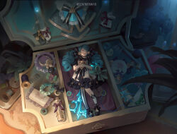 Rule 34 | 1girl, asymmetrical legwear, black dress, black footwear, black ribbon, bottle, bow, casket, closed eyes, closed mouth, doll, dress, drill hair, green hair, grey dress, gwen (league of legends), highres, indoors, league of legends, lying, mismatched legwear, ms.catmermaid, needle, on back, own hands together, pantyhose, red bow, ribbon, scissors, sewing kit, sewing needle, shoes, solo, striped clothes, striped pantyhose, twin drills, twintails