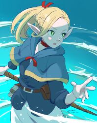 Rule 34 | 1girl, absurdres, belt pouch, blonde hair, blue capelet, blue robe, braid, bright pupils, capelet, casting spell, choker, dated, dungeon meshi, elf, green eyes, highres, holding, holding staff, hydrokinesis, long hair, magic, marcille donato, open mouth, pants, pointy ears, ponytail, pouch, red choker, robe, signature, solo, staff, tsunemoku, water, white pants, white pupils