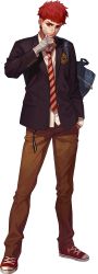 Rule 34 | 1boy, absurdres, artist request, bad source, bag, black survival, blazer, brown pants, earrings, full body, hand in pocket, hand up, highres, hyunwoo (black survival), jacket, jewelry, long sleeves, looking at viewer, male focus, necktie, official art, open clothes, open jacket, pants, red eyes, red footwear, red hair, school bag, school uniform, shirt, shoes, short hair, simple background, sneakers, solo, standing, transparent background, white shirt