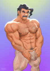 Rule 34 | 1boy, abs, arm hair, bara, black hair, bulge, cerberus arts, chest hair, covered penis, creatures (company), crotch grab, dark-skinned male, dark skin, facial hair, feet out of frame, game freak, hairy, highres, large pectorals, leggings, male focus, mature male, muscular, muscular male, mustache, navel, navel hair, nintendo, nipples, paid reward available, pectorals, pokemon, pokemon sv, saguaro (pokemon), see-through, short hair, sideburns, smile, smirk, solo, standing, stomach, thick eyebrows, thick thighs, thighs, topless male, veins, veiny arms, wet, wet clothes, white leggings