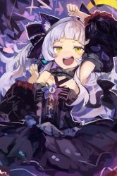 Rule 34 | 1girl, absurdres, animal ear fluff, animal ears, arm up, armpit peek, bare shoulders, black dress, blunt bangs, bow, cat ears, cat tail, choker, cowboy shot, detached sleeves, dress, fake animal ears, frills, gothic lolita, hair bow, halterneck, highres, hololive, jitome, kaamin (mariarose753), lolita fashion, long hair, murasaki shion, murasaki shion (gothic lolita), official alternate costume, open mouth, paw pose, purple background, round teeth, sidelocks, silver hair, smile, solo, star (symbol), tail, tail bow, tail ornament, teeth, twintails, virtual youtuber, yellow eyes