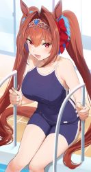 Rule 34 | 1girl, animal ears, backlighting, blue one-piece swimsuit, breasts, brown hair, daiwa scarlet (umamusume), fang, hair intakes, highres, horse ears, horse girl, horse tail, indoors, knees together feet apart, large breasts, long hair, nekoshoko, one-piece swimsuit, open mouth, pool, pool ladder, poolside, red eyes, sitting, smile, solo, swimsuit, tail, thighs, tiara, twintails, umamusume, very long hair