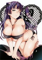 Rule 34 | 1girl, ;&lt;, absurdres, all fours, animal ears, bandeau, barefoot, between breasts, bikini, black bikini, breasts, breasts squeezed together, cleavage, highres, huge breasts, ichitaka, jewelry, long hair, looking at viewer, necklace, one eye closed, purple hair, shiny skin, side-tie bikini bottom, simple background, solo, swimsuit, tail, tiger ears, tiger tail, very long hair, white background, yellow eyes