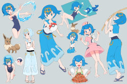 Rule 34 | 1girl, ^ ^, alternate costume, betuni, blue eyes, blue hair, blue sailor collar, blush, closed eyes, closed mouth, cosplay, creatures (company), eevee, closed eyes, fishing rod, flip-flops, food, fork, freckles, game freak, gen 1 pokemon, gen 7 pokemon, grey background, hairband, highres, holding, holding fishing rod, holding fork, holding poke ball, joy (pokemon), joy (pokemon) (cosplay), lana (pokemon), multiple views, nintendo, on head, one-piece swimsuit, open mouth, plate, poke ball, poke ball (basic), pokemon, pokemon (anime), pokemon (creature), pokemon on head, pokemon sm (anime), popplio, sailor collar, sandals, shirt, short hair, sleeveless, smile, swimsuit, swimsuit under clothes, thought bubble, toes, water