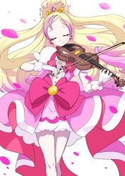 Rule 34 | 1girl, absurdres, bow, closed mouth, cure flora, earrings, closed eyes, flower earrings, gloves, go! princess precure, haruno haruka, highres, instrument, jewelry, long hair, magical girl, matatabi (karukan222), multicolored hair, petals, pink hair, ponytail, precure, puffy short sleeves, puffy sleeves, short sleeves, simple background, smile, solo, standing, tiara, two-tone hair, violin, waist bow, white background, white gloves