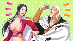Rule 34 | 1boy, 1girl, beard, black hair, boa hancock, breasts, cape, cleavage, commentary request, crop top, earrings, epaulettes, facial hair, glasses, green background, highres, hip flask, holding, hood, hooded cape, jewelry, kafuyutns, long hair, looking at another, medium hair, notice lines, one eye closed, one piece, plunging neckline, red shirt, shirt, silvers rayleigh, snake earrings, triangle, upper body, v-shaped eyebrows, white cape, white hair
