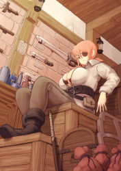 Rule 34 | 1girl, bad id, bad pixiv id, belt, boots, bottle, breasts, cleavage, crate, eyepatch, huge breasts, lionel nakamura, original, pink eyes, pink hair, ponytail, sack, short sword, solo, sword, weapon